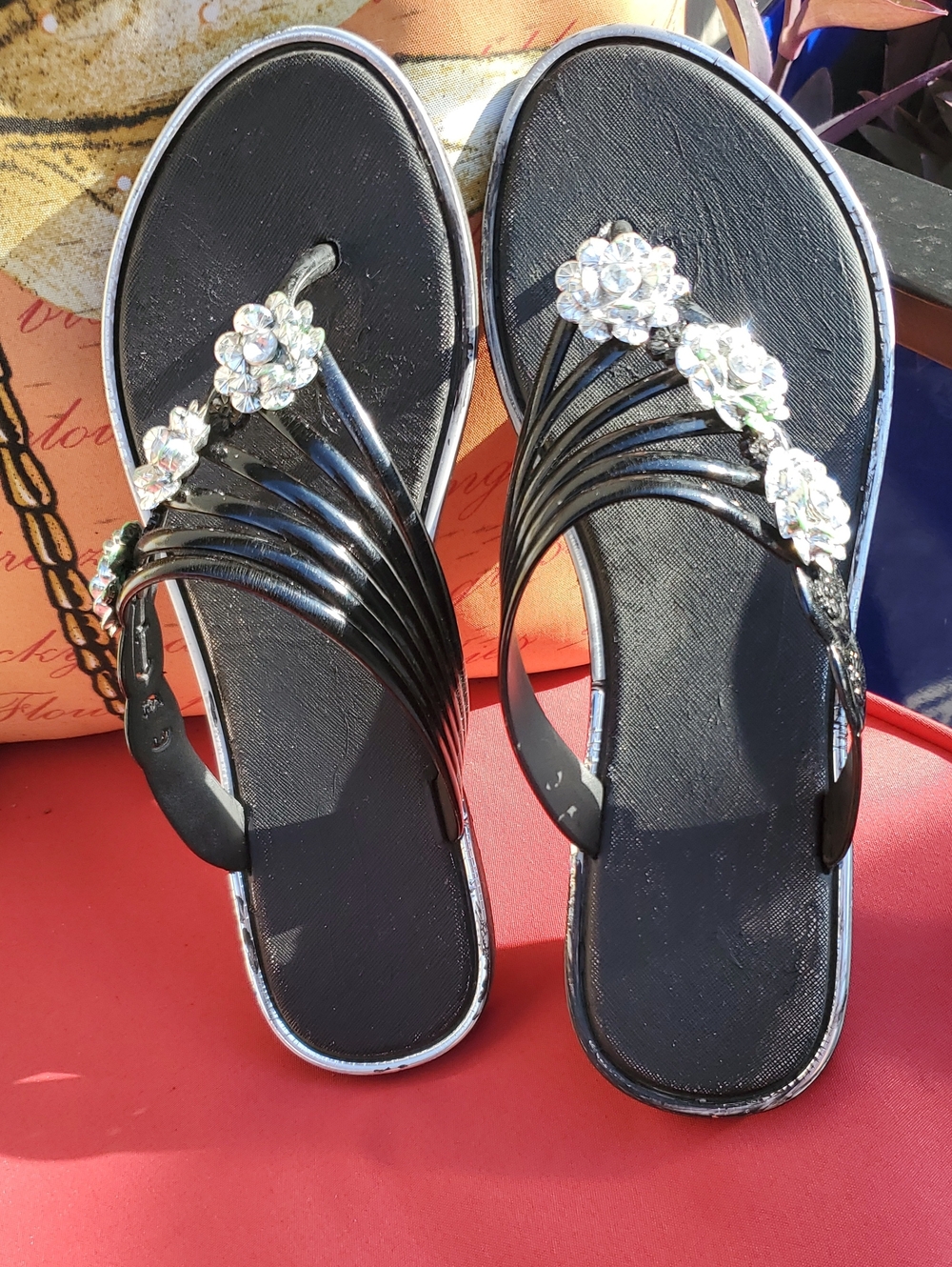 Women's Black Jeweled Slide Sandals
